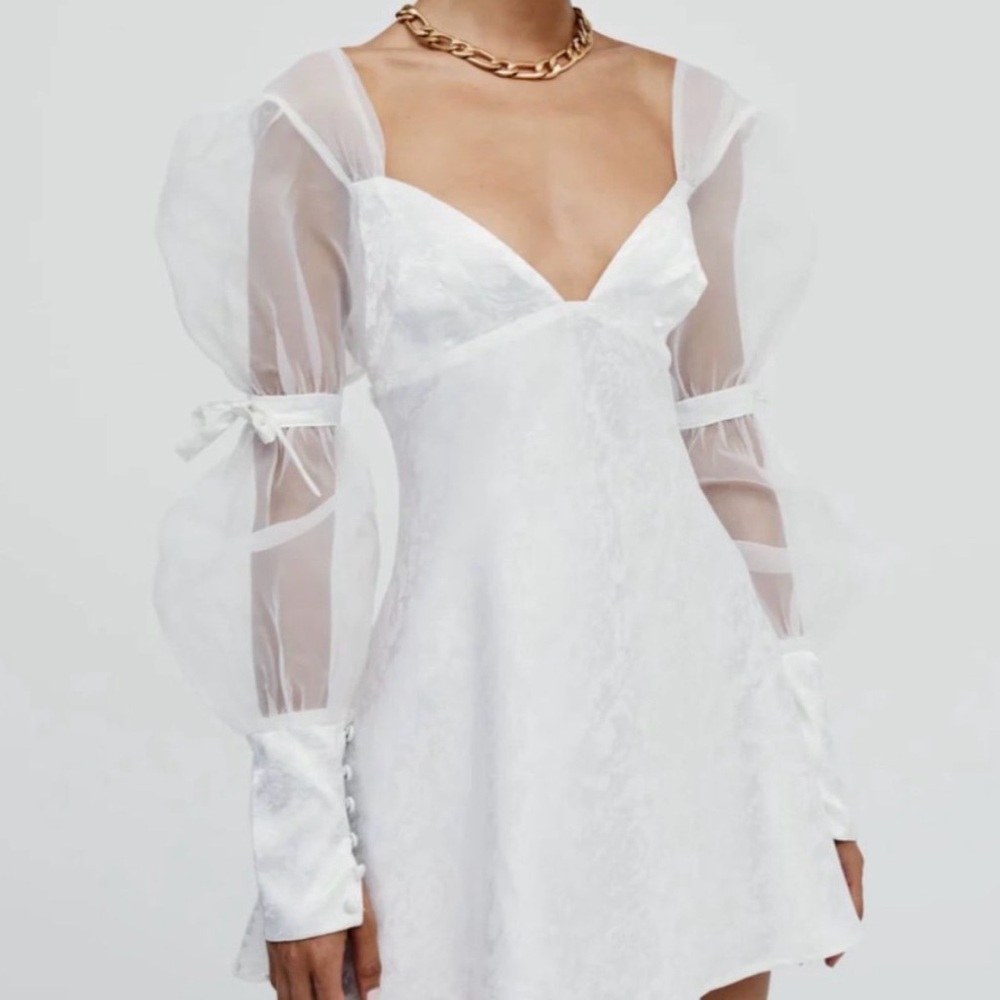For Love & Lemons White Sheer Puff Sleeve Mini Dress